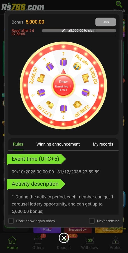 RS786 Free Spin and 5000 PKR Money Free